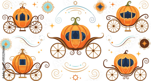 Seamless pumpkin carriage pattern with fairytale elements decorative halloween fantasy background vector illustration design