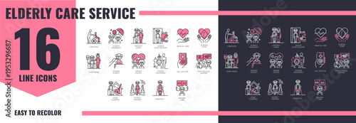 Elderly care service line vector icons set. Senior healthcare and social support symbols. Caregiver, assisted living, nursing home, medical care, home nurse, food delivery, memory care and geriatrics