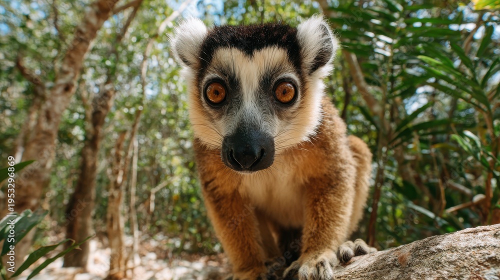 Fototapeta premium Close-up portrait of a curious brown lemur sitting on a tree branch in a forest setting