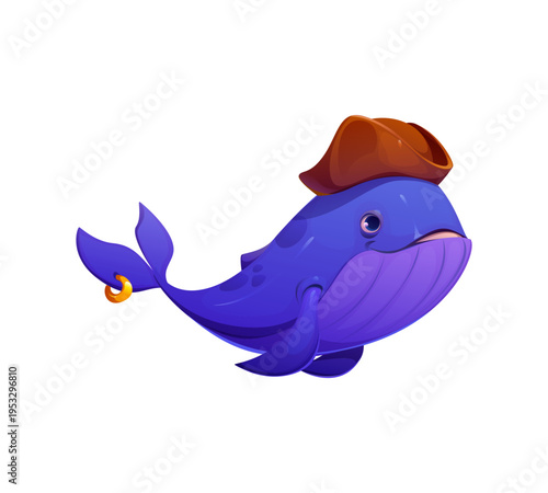 Pirate cartoon whale character in captain tricorn hat, vector corsair game personage. Funny whale in pirate sailor hat with golden earring, Caribbean filibuster character of ocean animal