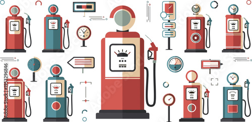 Vintage gas pump set with retro petrol station machines, classic fuel dispenser illustration collection, old fashioned energy equipment vector for transportation design