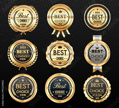 Best choice golden badges and labels, award seals, medal marks with laurel wreaths and ribbons. Vector set of gold quality assurance emblems, premium metallic labels with stars and guarantee symbols