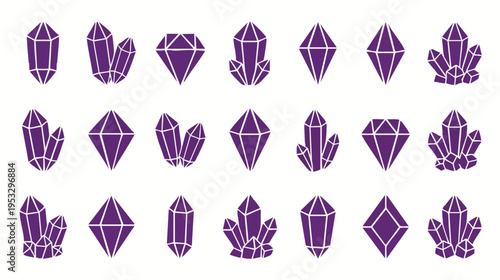 Purple geometric crystals arranged in a seamless pattern showcasing various symmetrical shapes on a white background