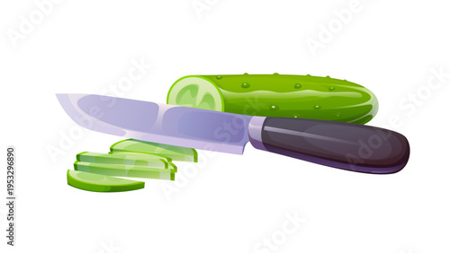 Green cucumber sliced with kitchen knife. Cooking process of vegetable cutting and food preparation. Cartoon vector cucumber pieces and knife in culinary scene of healthy cooking and fresh ingredients