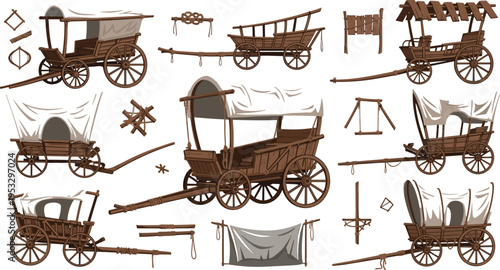 Vintage wooden covered wagons set with rustic transport carts, western pioneer vehicles collection, historical carriage illustration for old frontier and adventure design