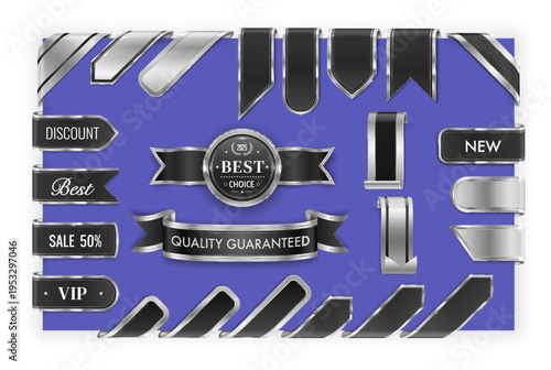Silver ribbons, badges and labels, luxury tags. Vector set with metallic elements for business marketing and retail promotion, premium branding, sale offers, quality guarantees or product presentation