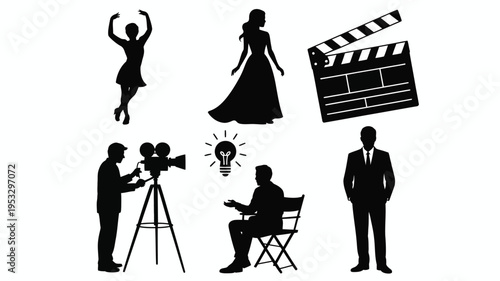 The diverse elements of filmmaking and entertainment industry depicted in black and white icons isolated on white background, Vector, illustration