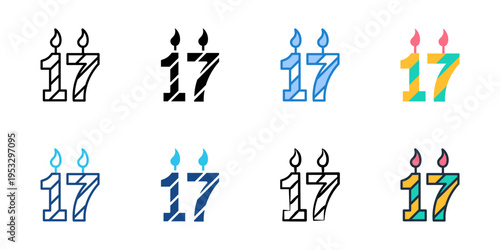 Candle numbers icons set multiple style collection. Editable stroke 
