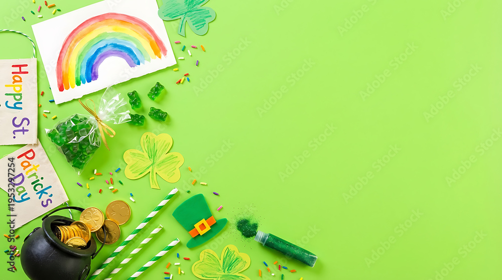 Obraz premium Saint Patrick's Day Kids Party Craft Flatlay with Rainbow Art, Candy and Holiday Decorations for Cheerful Seasonal Promotion