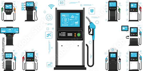 Modern smart fuel pump station set with digital interface, advanced petrol dispenser machines illustration, futuristic energy service vector collection for transportation design