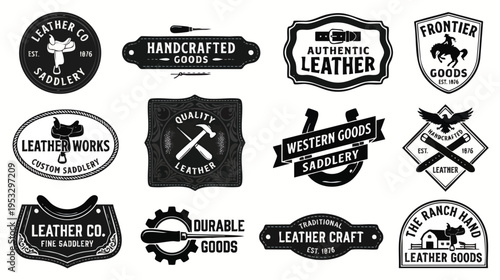 Collection of vintage leather-themed badges and labels showcasing handcrafted and durable quality for leather goods