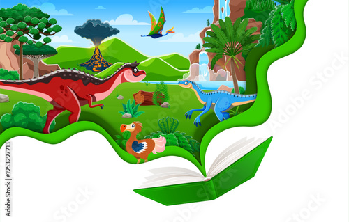 Opened kids book with prehistoric dinosaurs and vector paper cut borders. Cute cartoon carnotaurus, ruphus, quetzalcoatlus and eoraptor dinosaurs characters with volcano nature landscape on book pages