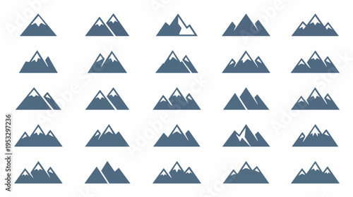 Illustration featuring various mountain icons in a grid layout with different shapes and snowy peaks