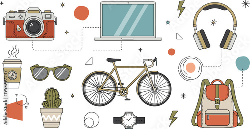 Modern Lifestyle Essentials Collection Featuring Laptop Camera Bicycle Headphones and Backpack for Travel Adventure Freelancer Work and Creative Digital Nomad Vector Illustration Set