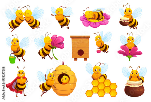 Cartoon honey bee characters, cute animal vector mascots. Funny little bees holding honey pots, bucket and flower with happy faces. Honeybee insect characters set with beehive, honeycomb and wild hive