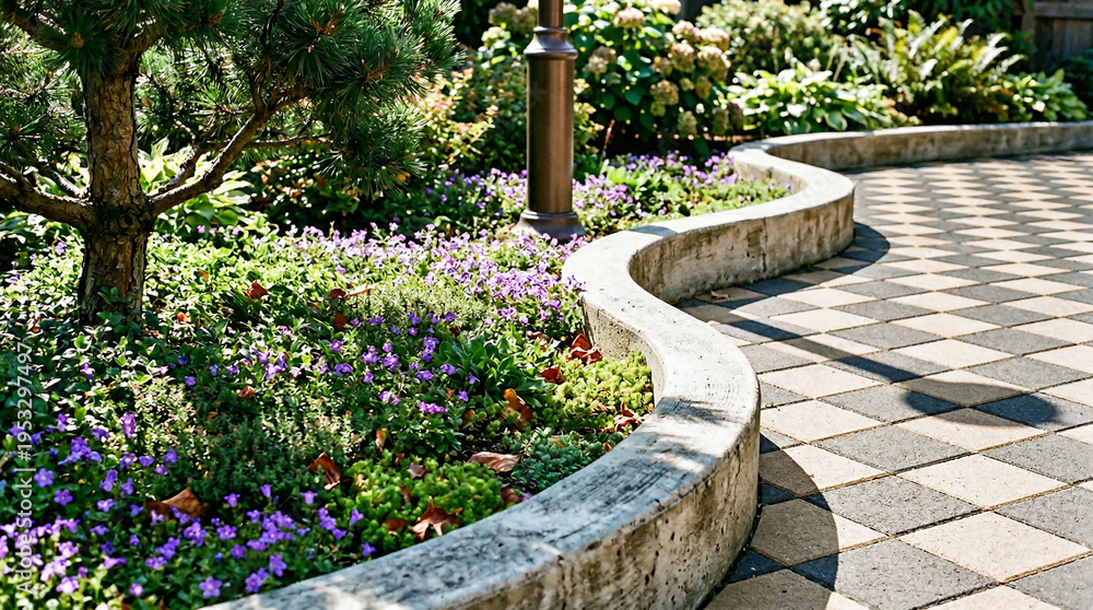 Obraz premium Sunlit curved garden pathway featuring checkerboard pavers and low concrete border framing purple groundcover flowers, small tree and lamppost; decorative, manicured courtyard walkway with soft shadow