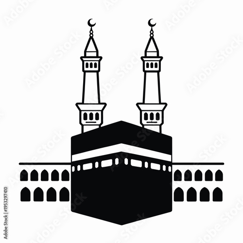 The iconic silhouette of the kaaba with twin minarets in a minimalist black and white design. isolated on white background, Vector, illustration