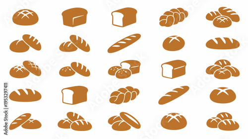 Variety of bread illustrations showcasing different shapes and styles arranged in a grid format