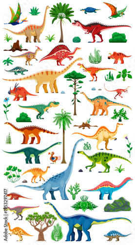Prehistoric dinosaur species alongside trees and plants. Vector set of cartoon dino walking, eating and grazing. Captures the natural environment and diversity of creatures from ancient Jurassic times