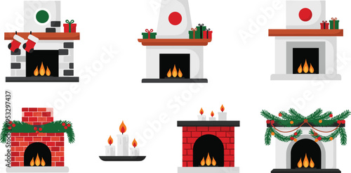Flat Style Christmas Fireplace Vector Set with Festive Holiday Stockings Gifts Candles and Pine Garland for Winter Season Greeting Cards and Web Design Elements