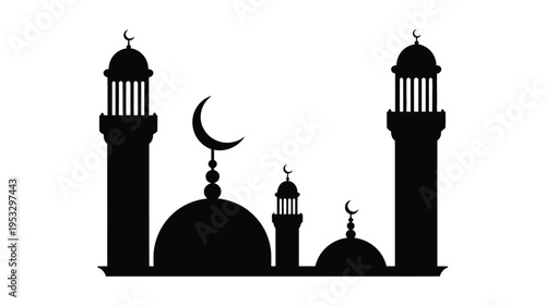 Elegant silhouette of a mosque with twin minarets and a crescent moon isolated on white background, Vector, illustration