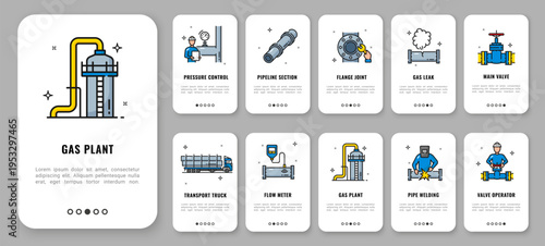 Gas oil industry mobile app onboarding screen, pipeline line vector icons with pressure control, pipeline section, flange joint or gas leak. Main valve, transport truck, flow meter, and pipe welding