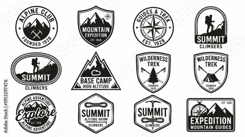 Collection of vintage outdoor adventure badges featuring mountain expedition and climbing themes