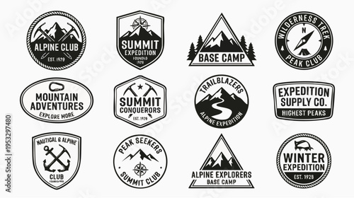 Collection of outdoor adventure badges featuring mountains, landscapes, and exploration themes designed in a retro style