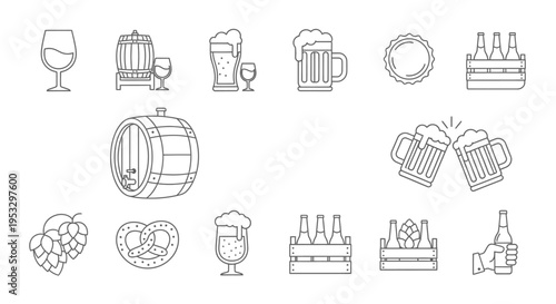 minimalist beer and wine line art icons showcasing brewing pub culture and oktoberfest for beverage graphic designs.