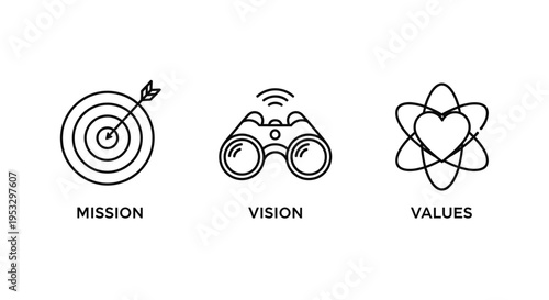 mission vision values business concept icons illustrating strategic planning future goals and core principles.