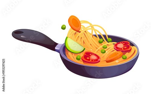 Pasta cooking in frying pan with spaghetti noodles mixed with tomato, carrot, zucchini and pea vegetables showing simmering food preparation process. Vector kitchen scene with hot meal and utensil