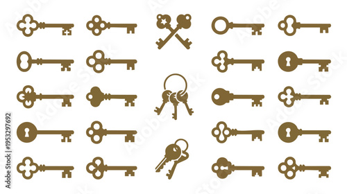 Collection of vintage keys in various designs arranged in neat rows on a white background