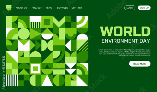 Environment day landing page with geometric pattern. Vector modern green digital layout, website interface celebrating holiday, featuring eco friendly messaging, promote awareness and sustainability