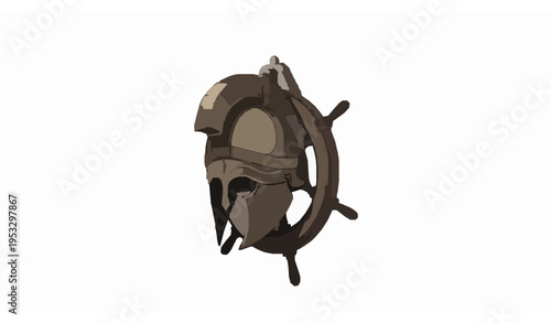 Detailed ancient helmet hanging on ship steering wheel vector illustration representing vintage maritime exploration and adventure
