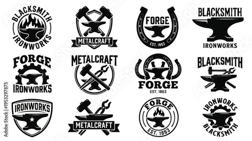 Vintage style badge designs with metalworking tools and symbols representing blacksmith themes