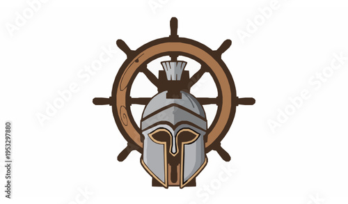 Ancient warrior helmet and ship steering wheel vector illustration symbolizing historical voyages and maritime adventure