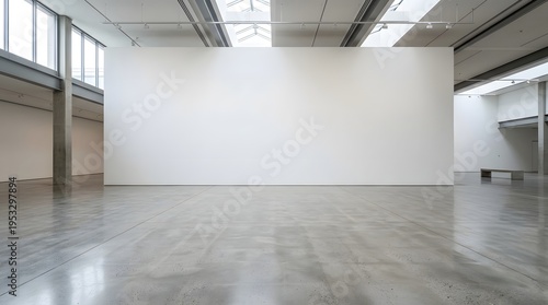 A large, empty room with a polished concrete floor and a high ceiling featuring a large white wall
