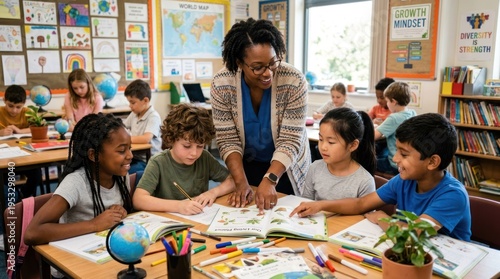 A teacher and students in a classroom setting, with a teacher standing at a table with a group of children, all engaged in a learning activity.