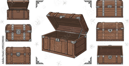 Wooden treasure chest collection with open and closed boxes, vintage storage containers set, detailed antique pirate chests illustration for game assets