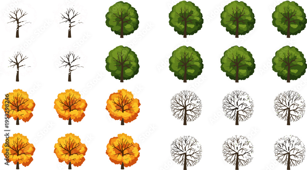 Fototapeta premium Seasonal Tree Icon Set Featuring Four Stages of Trees Across Spring, Summer, Autumn, and Winter