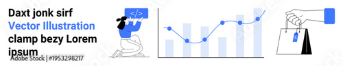 Data analysis, e-commerce, coding, growth tracking, digital marketing, online shopping. Woman coding, chart growing hand holding shopping bag. Data analysis and e-commerce concept