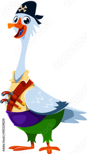 Cartoon goose bird pirate crew character. Isolated vector funny feathered corsair in bandana, colorful clothing and pistols in chest belt. Playful avian personage exudes seafaring adventure spirit
