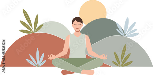 Young Man Meditating in Lotus Pose Minimalist Organic Landscape Background for Mindfulness Mental Health Wellness Concept and Zen Yoga Studio Vector Illustration