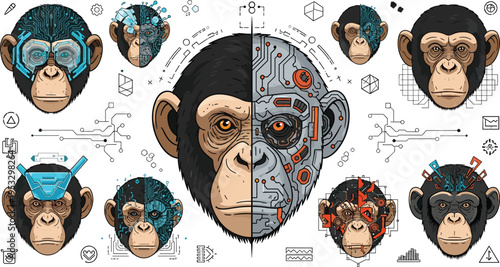 Cyberpunk monkey face fusion with AI technology elements, futuristic robotic primate illustration set, digital innovation concept for tech and sci fi design