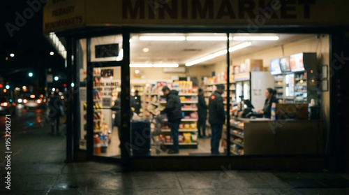 Intentionally blurred window view of a brightly lit convenience store on a dark urban street at night, capturing city life