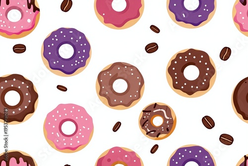 A pattern of donuts and coffee beans on a gray background