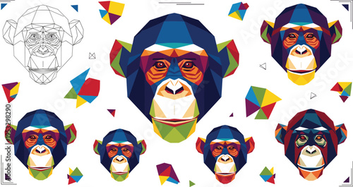 Geometric monkey head set with low poly style, colorful polygonal animal faces collection, modern abstract primate vector illustrations for design