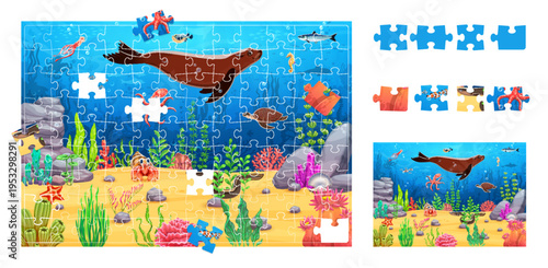 Jigsaw puzzle game pieces with sea animals and underwater landscape, vector cartoon worksheet. Kids jigsaw puzzle game with funny seal, undersea fish with coral reef turtle and octopus characters