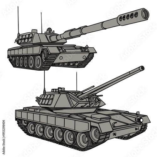 Two military tanks with guns in different positions for design and educational use