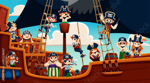 Caribbean kid pirates and corsairs at ship deck on sailing adventure, cartoon vector background. Kid pirates, boy captain corsair and girl sailor in tricorne hat with muskets and sabers on sailboat